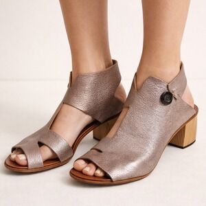 CYDWOQ Metallic Pink Leather Sandals Wood Block Heel Women's 40/9-9.5 handmade